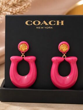 COACH Hot Pink Resin Hoop Earrings with Gold-Tone Accent